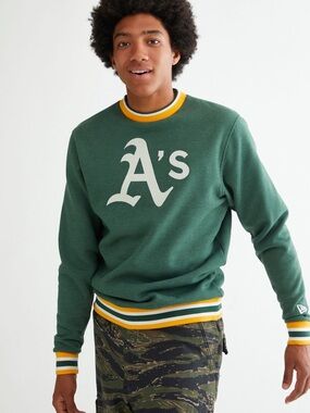 New Era Green A's Logo Crewneck with Yellow & White Trim